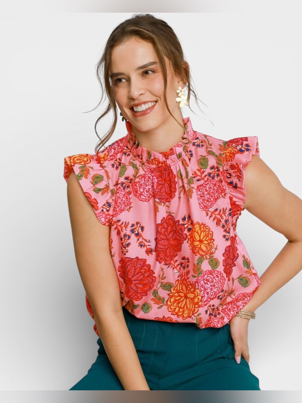 Umgee Pink & Red Floral Ruffle Blouse - Picture 2 of 6
